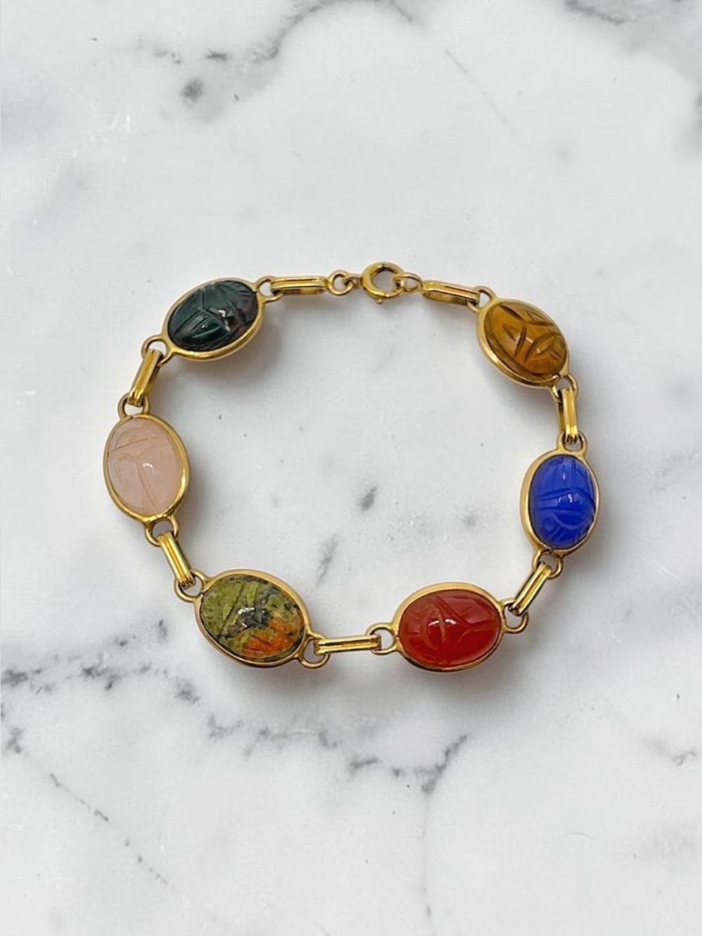 Vintage 14K Yellow Gold Egyptian Revival Scarab Bracelet Multi Gemstone 7 inch